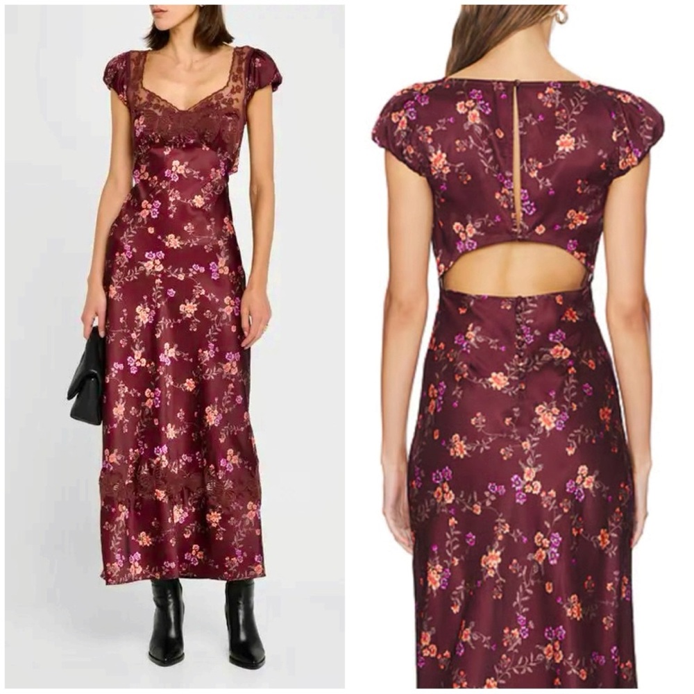 Free People Burgundy Floral Backless Satin Slip Dress - Picture 3 of 16